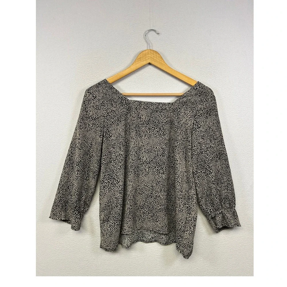 Bobeau Animal Print Square Neck Women XS Tan Black Button Front 3/4 Slv Blouse